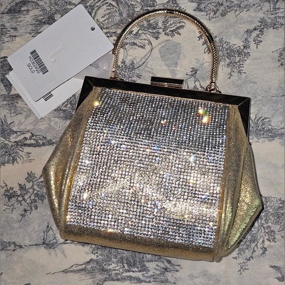 NWT Gold Rhinestone Evening Clutch Black Frame Chain Strap Sparkly Prom Wedding - Picture 2 of 12